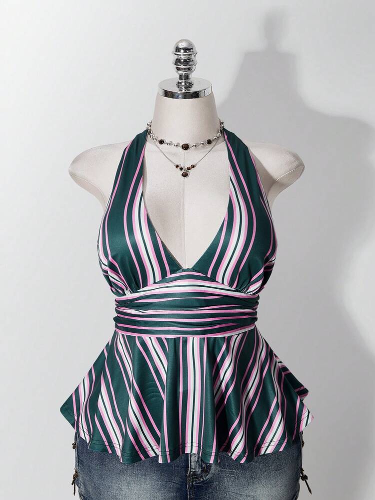 SHEIN ICON 女款大尺碼粉綠條紋掛脖上衣 - 彩色 - 查看 3