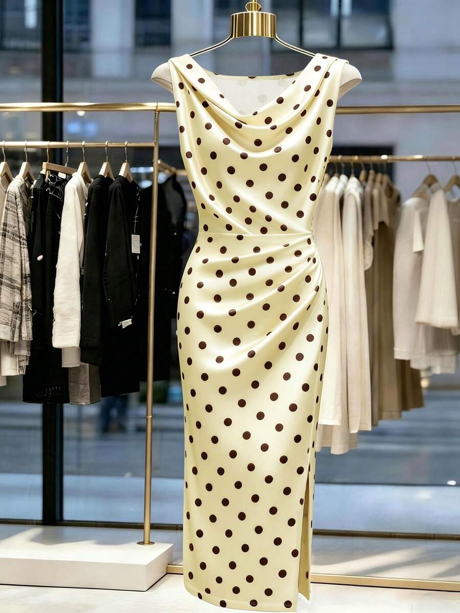 Franclia 女士优雅浪漫缎面波点印花无袖褶皱连衣裙,适合春夏外出和约会 - 彩色 - 查看 1