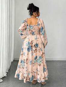 Elenzga Plus Size Women's Elegant French Lady Fashion Unique Ruffle Trim Puff Long Sleeve Cinched Waist Slim Fit Dress, Suitable For Daily Wear, Outings, Commuting - Pink - View 4