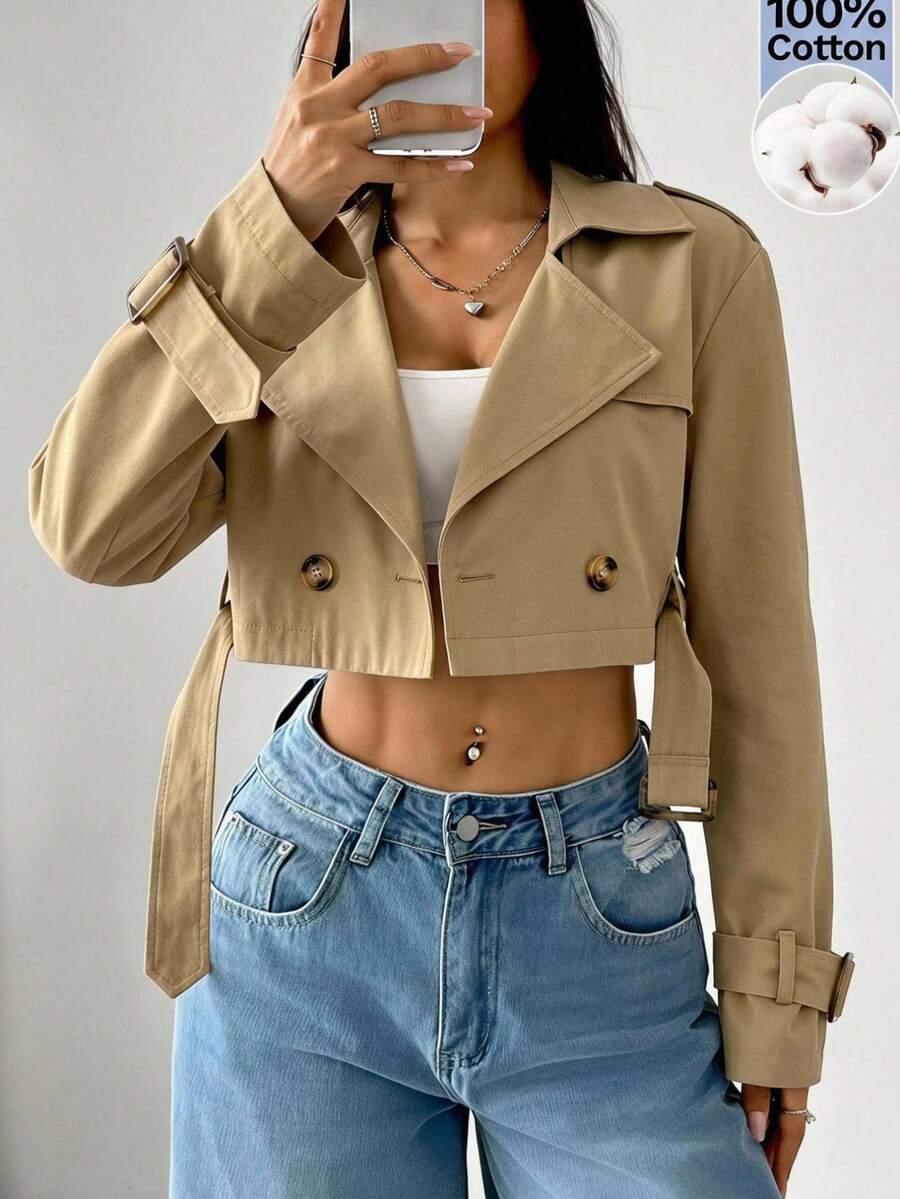 SHEIN EZwear 純色腰帶翻領短款風衣