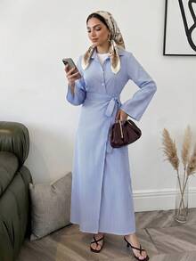 Solavon Women's Blue And White Stripe Long Sleeve Side Waist Knot Casual Modest Dress Office Autumn - Blue and White - View 6