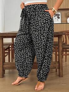 SHEIN CURVE+ 大尺碼休閒全印花寬鬆抽繩長褲，夏季長褲，秋冬 2026 22W - 彩色 - 查看 3