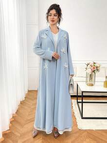 Yasmyna Women's Elegant Elegant 3D Floral Decor Rhinestone Embellished Abaya - Blue - View 3