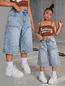 SHEIN 青少年女孩高腰口袋寬腿寬鬆休閒九分牛仔褲 - 淺色水洗藍 - 查看 1