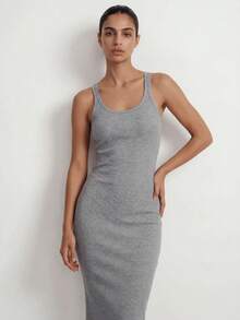 Ocili Studio Women's Spring/Summer Basic Casual Minimalist Dark Grey Rib Fabric Camisole Dress, Loungewear - Light Grey - View 3