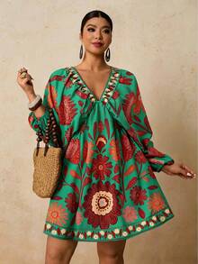 Travachic Vestido mini de manga larga con cuello en V y estampado para mujer talla grande, adecuado para vacaciones estilo bohemio, estampado floral pequeño verde y varias ocasiones incluyendo Año Nuevo, fiesta de Navidad, Acción de Gracias, fiesta elegante, boda, etc. - Verde - Ver 9
