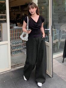 Dazy Plus Polka Dot Loose Casual Jeans For Girls, All-Season Versatile, Plus Size, Black, Spring/Autumn Cute Tops - Black - View 3
