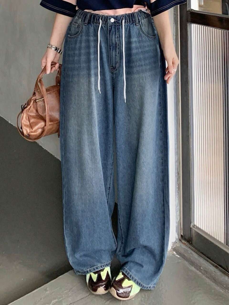 Dazy Plus Women's Plus Size Elastic Waist Loose Straight Leg Jeans, Washed Distressed Long Pants, Summer All Season Denim Tops Formal Navy Blue Casual