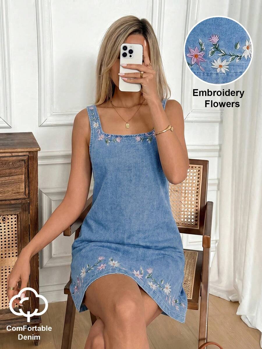 SHEIN LUNE 女款花卉刺繡方領休閒無袖牛仔洋裝 - 藍色 - 查看 1