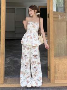 DAZY 女款全花卉印花抹胸上衣與休閒牛仔長褲套裝 夏季 - 白色 - 查看 6