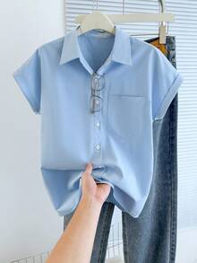 SHEIN PETITE 女款純色休閒百搭日常夏季襯衫 淺藍色 適合辦公 - 藍色 - 查看 6