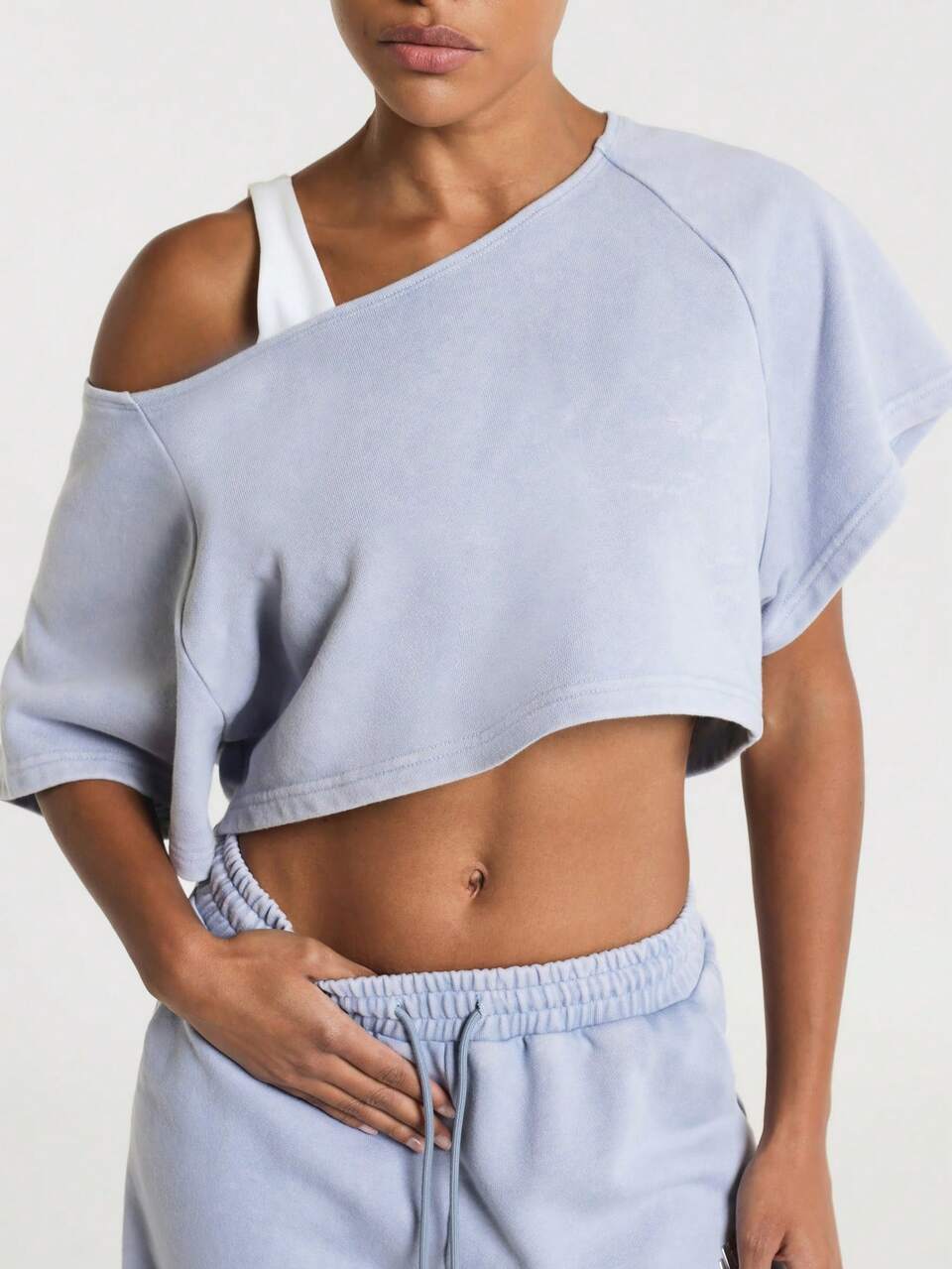 11SKNDS Asymmetric Off-Shoulder Crop Top With Short Raglan Sleeves, Relaxed Boxy Fit, Casual Everyday Style, Soft French Terry Fleece Fabric, Cropped Hem