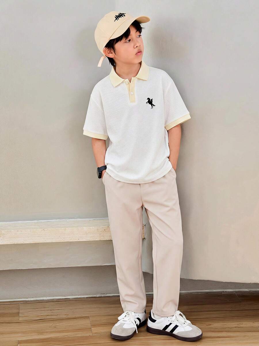 SHEIN 2pcs Kids Tween Boy Textured Fabric Top & Pants Set Gentleman Outfit, Suitable For Autumn Spring Winter, Perfect For Outdoor Play, School, Street Style, Party And Casual Wear, High Cost-Performance