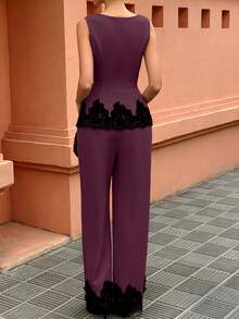 Flora Isola Flora Isola Women's Standard Size Spring/Summer Lace Patchwork Slim Fit Sleeveless Casual Vacation Set - Burgundy - View 2
