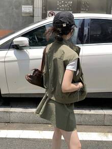 DAZY 女款無袖背心與裙子純色韓風兩件套夏季居家休閒套裝 - 軍綠色 - 查看 2
