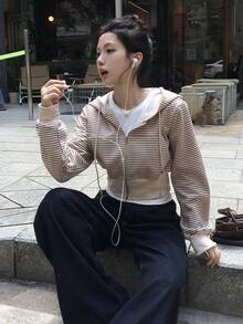 DAZY 女款條紋韓風長袖連帽衛衣 - 杏色 - 查看 4