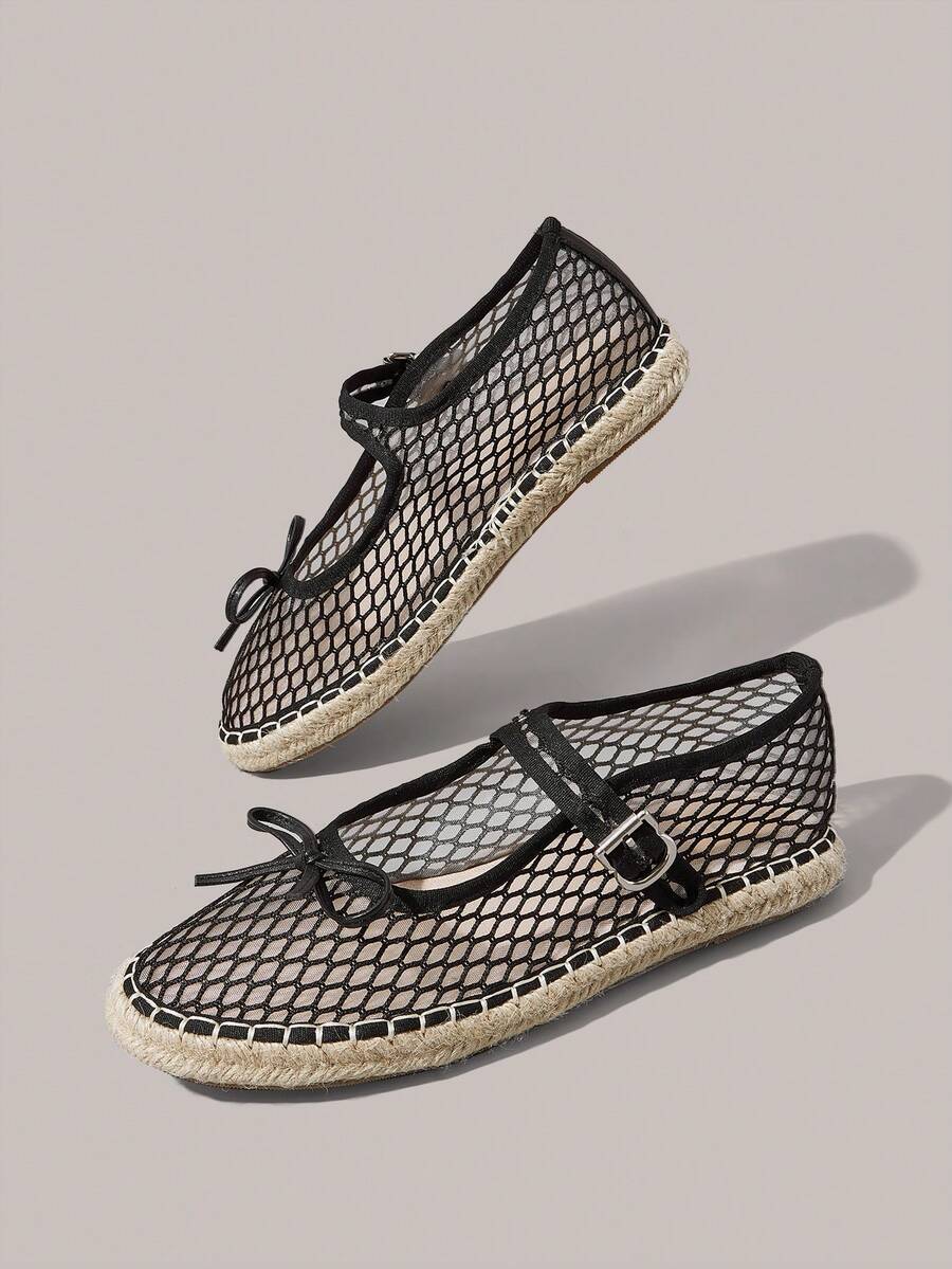 Styleloop Women's Black Mesh Straw Woven Rope Sole One-Strap Buckle Flat Shoes - Chocolate Brown - View 1