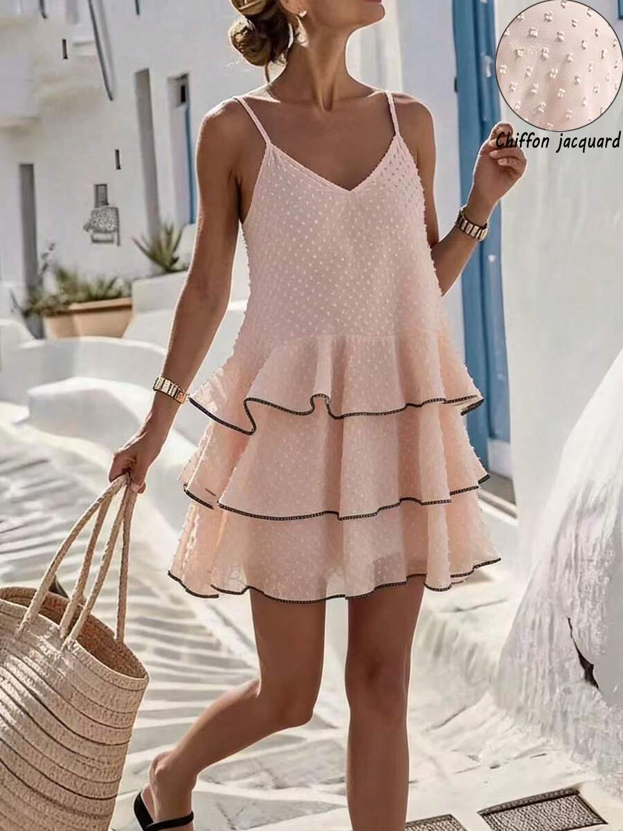 SHEIN LUNE Autumn/Winter New A-Line Doll Dress With Three-Tier Asymmetrical Ruffle Cake Layers, Layered Design With Natural Drape And Fluid Movement, Varying Lengths For A Casual Vibe, Pure & Gentle Vacation Style, Daily Girlish Casual Wear, Loose Fit For Comfort And Aesthetic Appeal - Pink - View 1