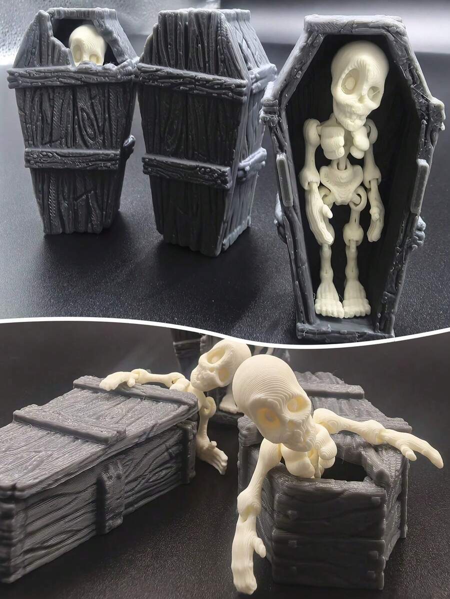 POKOJA LAND Halloween Skeleton Coffin Decor, Cute Boxed Posable Figurine, Mini Decorative Model Set, Halloween Party Tabletop Decor, Holiday Home Accents, Ideal As Halloween Gift For Friends - Multicolor - View 1