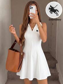 Teen Girl Teen Girls Knit White Embroidered Pattern Collared Sleeveless Casual Dress - White - View 1