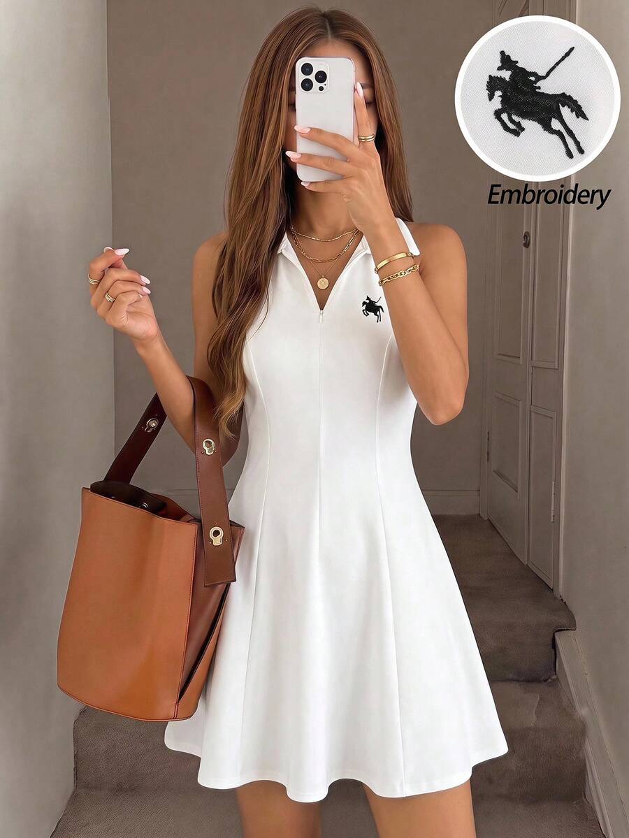 Teen Girl Teen Girls Knit White Embroidered Pattern Collared Sleeveless Casual Dress - White - View 1