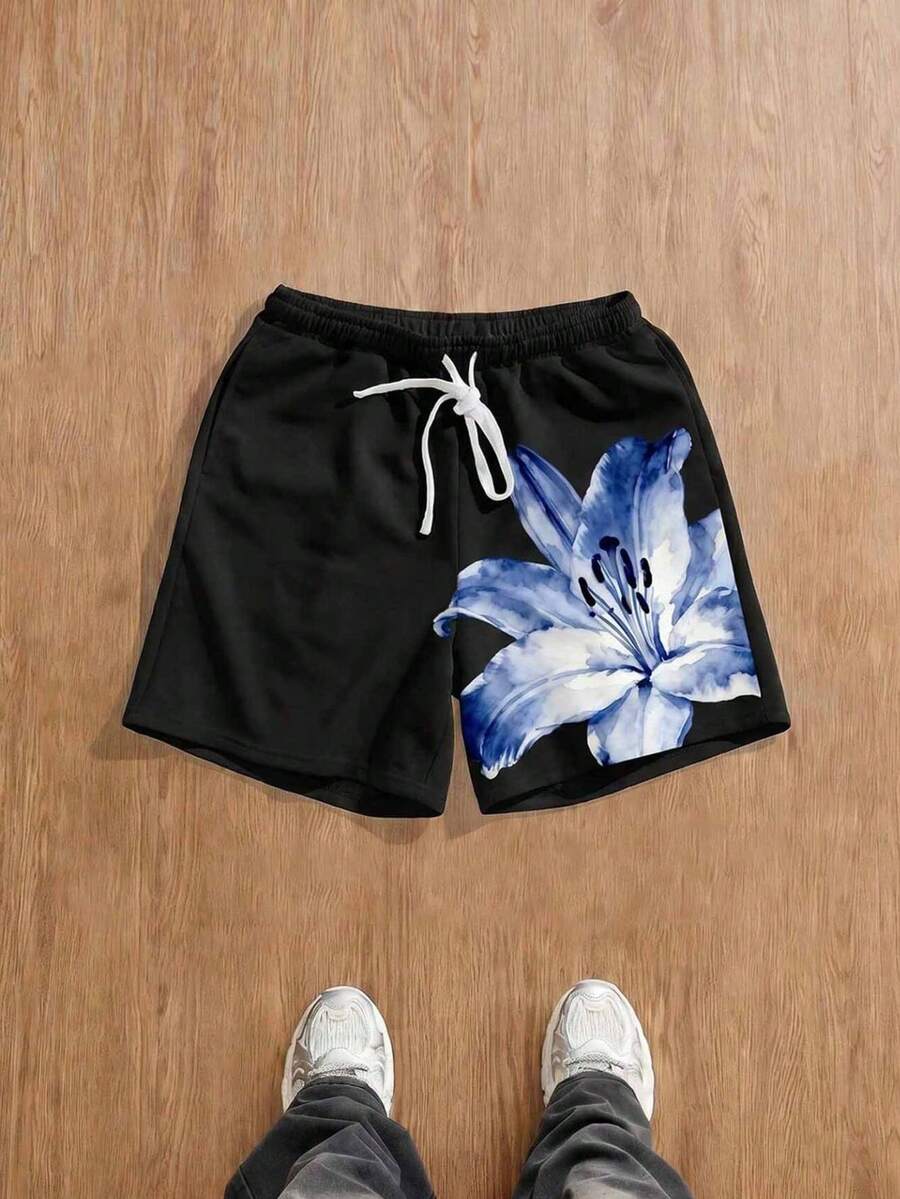 Manfinity Joysei Men's Drawstring Waist Floral Print Casual Versatile Daily Outing Shorts - Blue - View 1