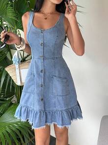 Sunnyshic Fashion Casual Open Front Ruffle Hem Washed Denim Holiday Dress - Light Wash - View 1