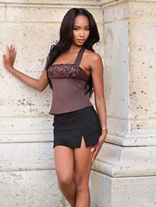 Mima John Vintage Y2K Sequin Patchwork Slim Fit Racerback Tank Top For Women Casual Summer - Coffee Brown - View 5