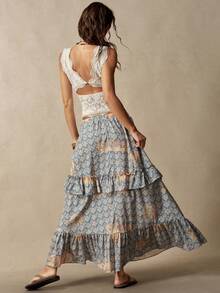Bohemela Women's Elastic Waist All-Over Print Pleated Casual Versatile Daily Skirt - Blue - View 8