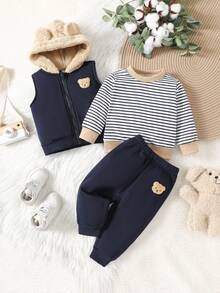 SHEIN Vintaside Kids 3件組男嬰黑白圓領衛衣熊貼布拉鍊連帽背心外套褲裝 海軍藍秋季親子套裝 - 藍色 - 查看 3