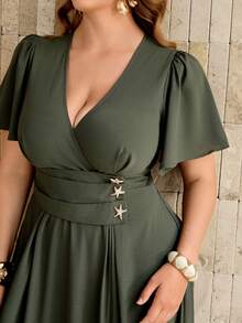 Roveilla Women's Plus Size Spring/Summer Olive Green Soft Fabric Shirred Waist Pleated Star Metal Buckle Elastic A-Line Slimming Skirt Split Hem Dress - Army Green - View 2