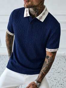 EGENSIO Men's Knitted Jacquard Solid Color Textured Navy Blue & Apricot Reversible Ribbed Collar 2-Button Polo Shirt - Royal Blue - View 1