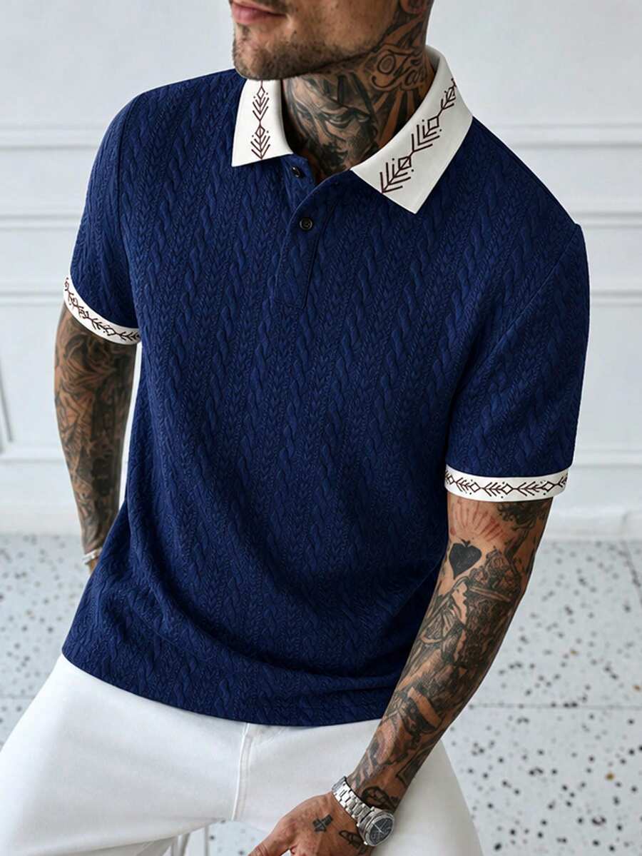 EGENSIO Men's Knitted Jacquard Solid Color Textured Navy Blue & Apricot Reversible Ribbed Collar 2-Button Polo Shirt - Royal Blue - View 1