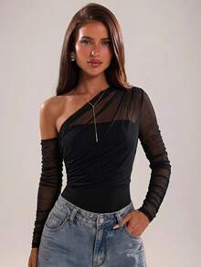 SHEIN BAE Spring/Summer Solid Black Asymmetric Neck Cutout Sheer Sexy Fitted Bodysuit For Women - Black - View 4