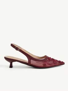 CUCCOO CHICEST 女款多色網布刺繡珠飾尖頭低跟後扣帶涼鞋，溫柔仙女風，春夏款，適合婚禮 - 酒紅1 - 查看 5