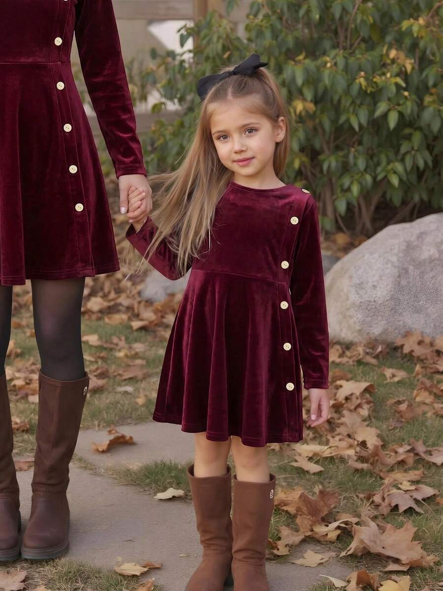 Emery Rose Kids Emery Rose Kids 女童酒紅色長袖洋裝,適合小女孩,聖誕閃亮波爾多紅派對冬季假期禮服 - 酒紅色 - 查看 1