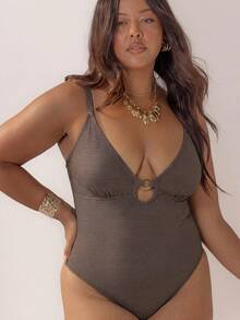 Aralina Curve 女款紋理布料細節連身泳衣，適合海灘穿搭與夏季造型 - 棕色 - 查看 5