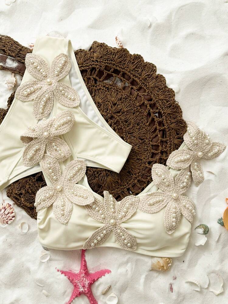 SHEIN Swim Spring/Summer Girls Fashion Hot-Selling Sexy Elegant Vacation Bikini Set With Randomly Placed Starfish And Pearl Decor Beach Beige - Apricot - View 5