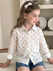 SHEIN Elladie kids 女童新款波點圖案布料鈕扣襯衫，適合日常休閒、優雅、度假、時尚外出 - 白色 - 查看 3