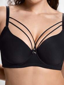 Slumbrini Plus Size Solid Harness Underwire Casual-Comfy Balconette Bra, Lift - Black - View 3