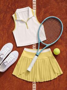 CourtClass CourtClass 2pcs Contrast Trim Tank Top & Pleated Skort Tennis Sports Outfit - Multicolor - View 5