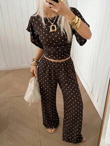 SHEIN EZwear 女款棕色與白色波點印花百褶上衣與寬鬆長褲套裝，適合度假、夏季休閒度假 - 咖啡棕 - 查看 7