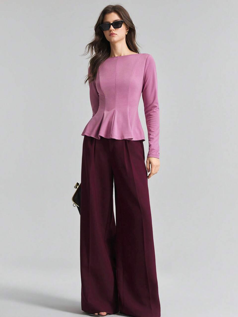 2026 New Autumn Women's Slim Fit Solid Pink Long Sleeve Top, Boat Neck, Ruffle Hem, A-Line Design, Casual Commute, Urban Modern, Minimalist Elegant, Tea Party, Independence Day, Old Money Style, Teacher, Women's Office Wear, Holiday, Vacation Date, Women's Outwear, Fashion Versatile