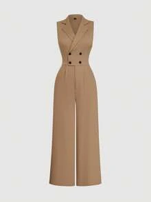Sweetra Plus Size Sleeveless High Waist Commuter Minimalist Straight Leg Jumpsuit - Khaki - View 1