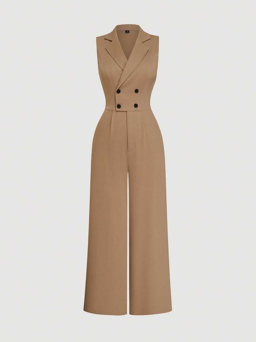 Sweetra Plus Size Sleeveless High Waist Commuter Minimalist Straight Leg Jumpsuit - Khaki - View 1