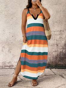 Breezaya Spring Summer Autumn Casual Comfortable Striped Fabric Shoulder Strap Design Multi-Color Plus Size Dress - Multicolor - View 7