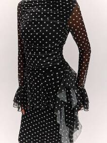 SHEIN BAE Women's Vintage Black Polka Dot Round Neck Flare Sleeve Ruffle Trim Mermaid Tail Extra Long Dress, Polka Dot Dress, Party, Formal Gathering, Evening Out Dress, Wedding Cocktail Dress, Halloween Dress, Christmas Dress - Black and White - View 6