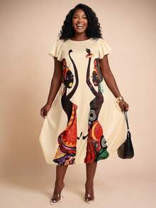 Brilight Women's Elegant Printed Loose-Fit Dress For Spring & Summer - Featuring An Elasticized Hem Detail. Perfect For Graduation Ceremonies, Back-To-School Season, Dates, Daily Wear, Vacations, Parties, Wedding Season, And Other Occasions. A Stylish Summer Dress. - Apricot - View 4