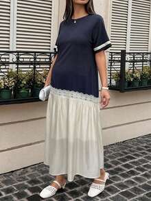 DAZY Color Block Patchwork Round Neck Casual Loose Short Sleeve Long Maternity Dress For Spring And Summer - Navy Blue - View 3