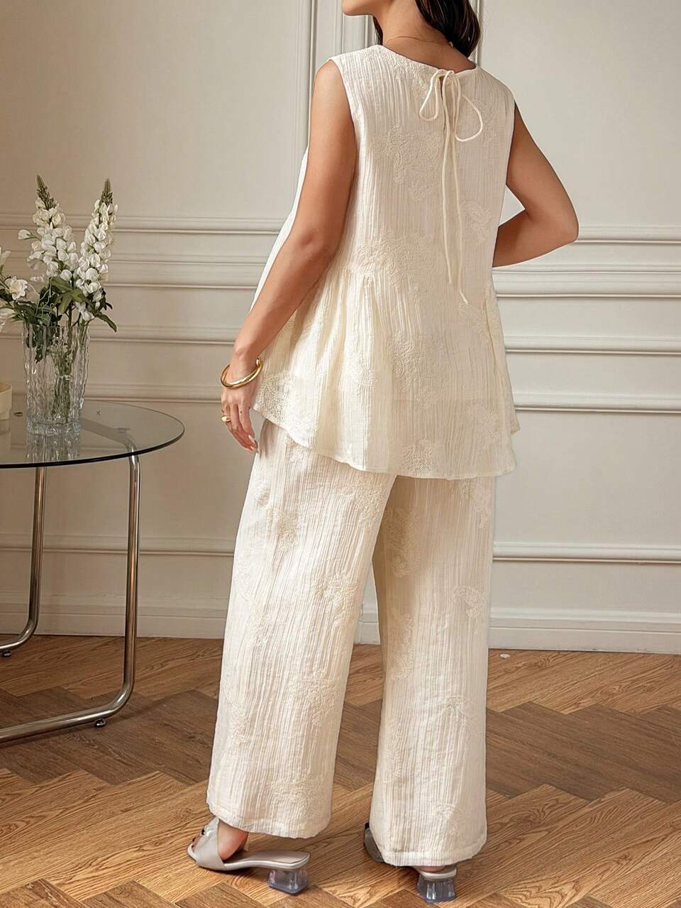 Embroidered Large Floral Textured Fabric Elegant Sleeveless Top & Long Pants Casual Elegant Elegant Spring Summer Autumn Maternity 2-Piece Set